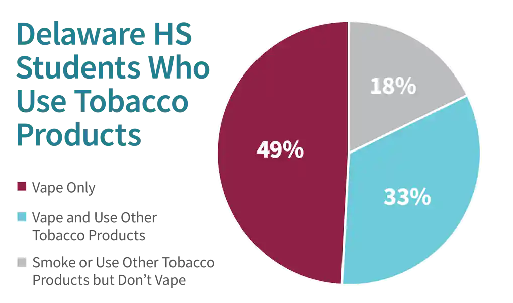 Delaware HS Students Who Use Tobacco Products; Vape Only: 49%, Vape and Other Tobacco: 33%, Don't Vape (Smoke or other): 18%
